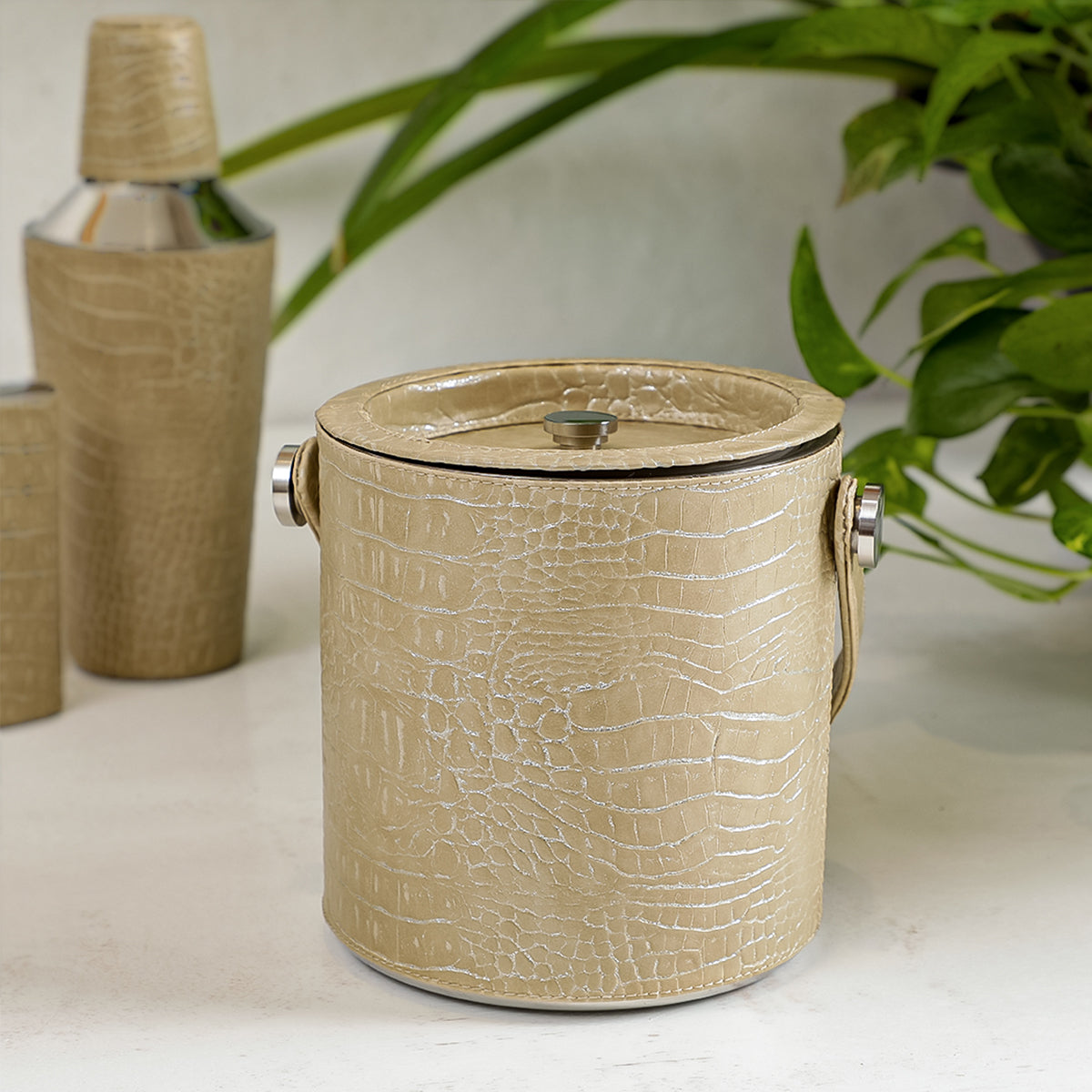 Ivory Leather Sheath Ice Bucket With Tong