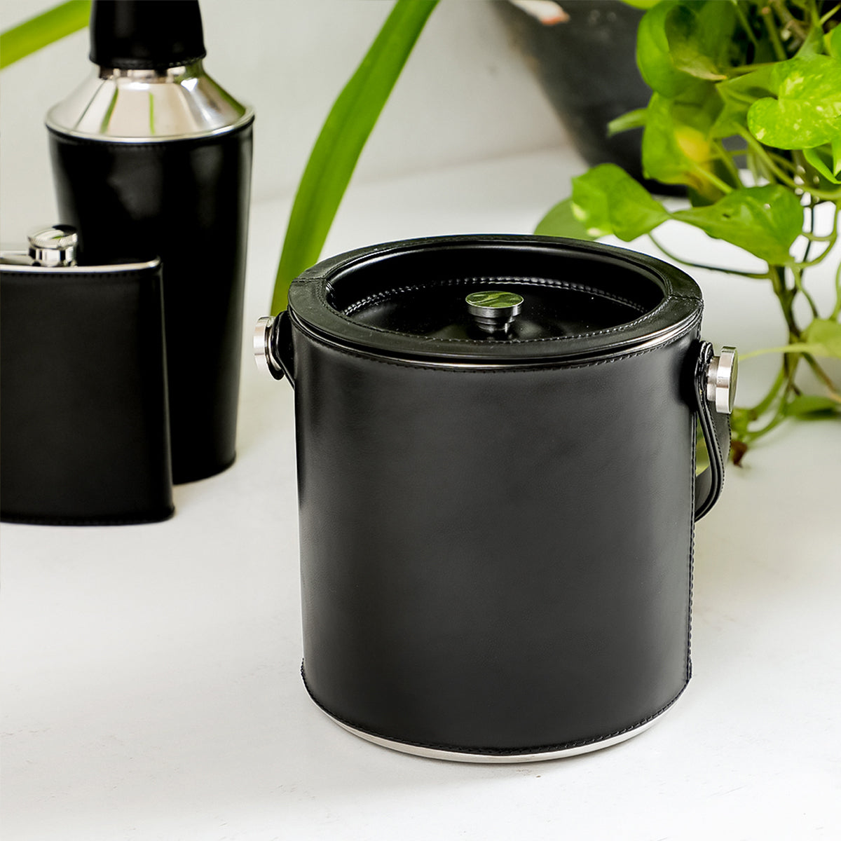 Black Leather Sheath Ice Bucket With Tong