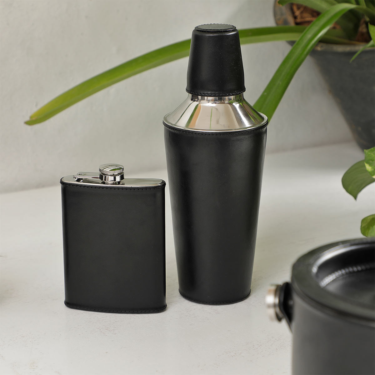 Black Cocktail Shaker With Leather Sheath